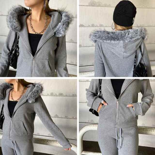 ファーフードZIPパーカー・フレアパンツセットアップ