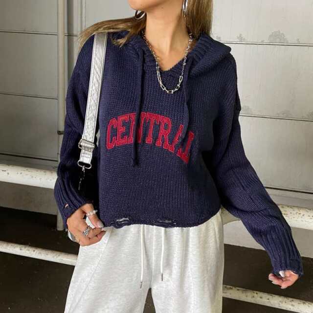 フードロゴダメージショートニットトップス