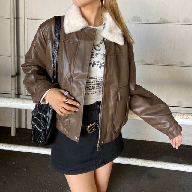 エリフェイクファー合成皮革ブルゾン