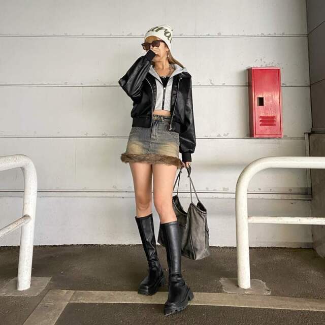 デニムファー切替デニムミニスカート