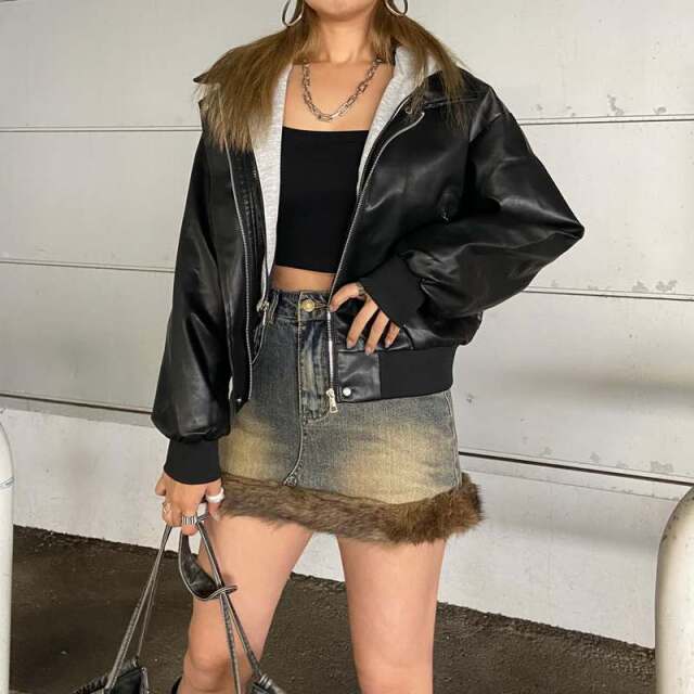 デニムファー切替デニムミニスカート