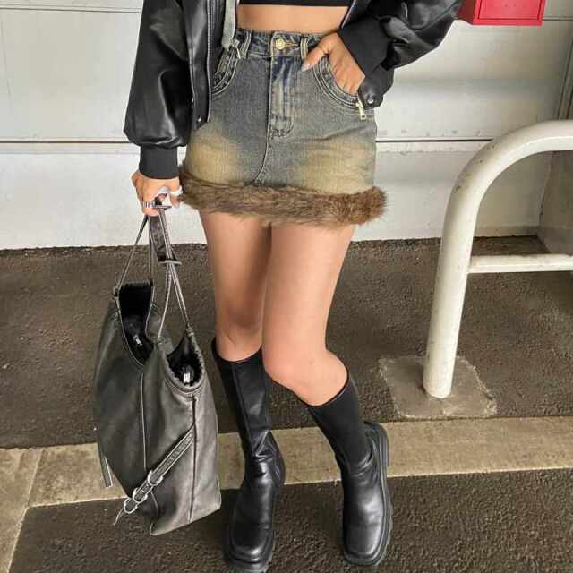 デニムファー切替デニムミニスカート