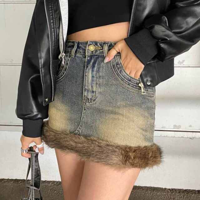 デニムファー切替デニムミニスカート