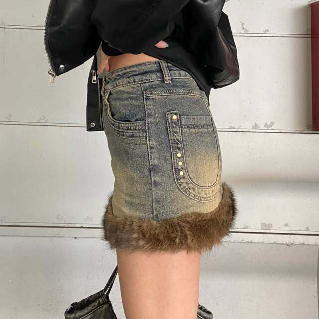 デニムファー切替デニムミニスカート
