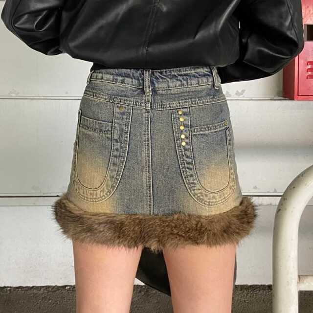 デニムファー切替デニムミニスカート