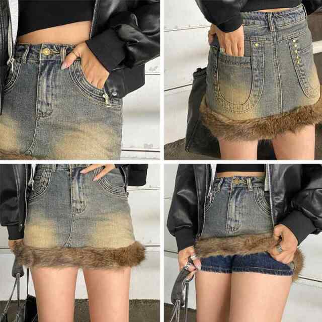 デニムファー切替デニムミニスカート