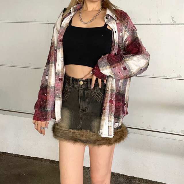 デニムファー切替デニムミニスカート