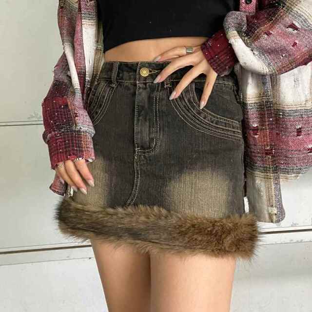 デニムファー切替デニムミニスカート