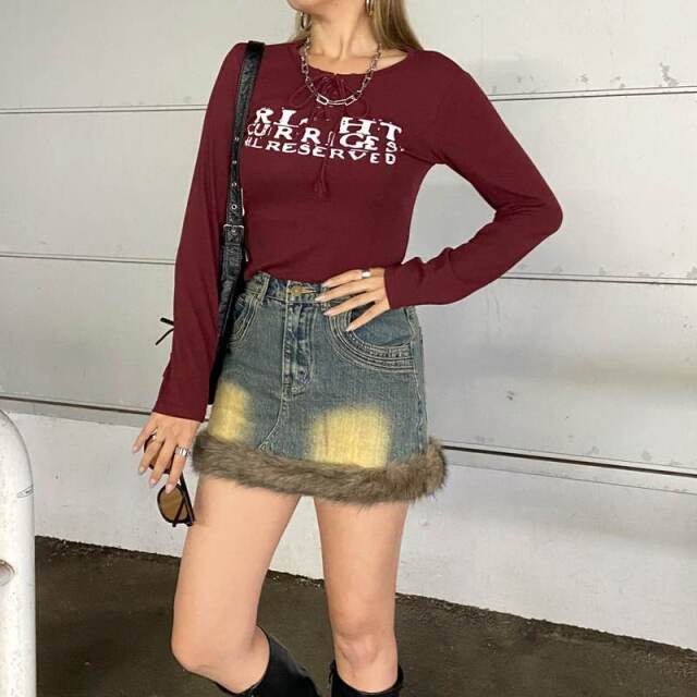 デニムファー切替デニムミニスカート