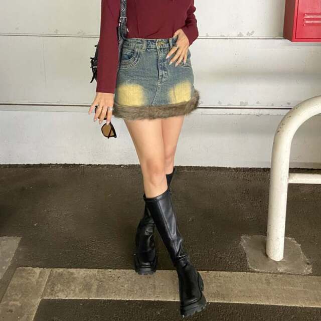 デニムファー切替デニムミニスカート