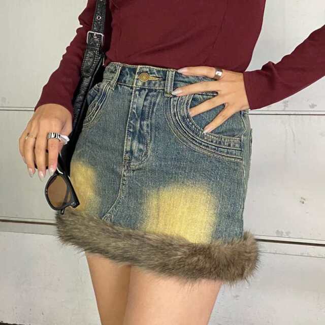 デニムファー切替デニムミニスカート