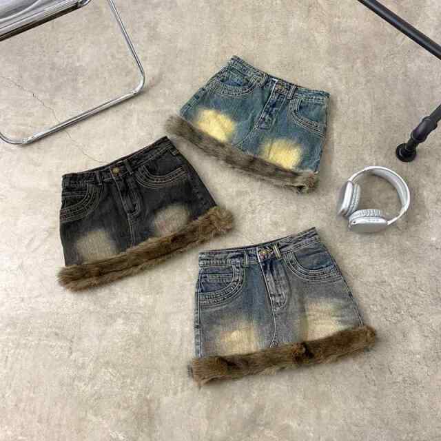 デニムファー切替デニムミニスカート