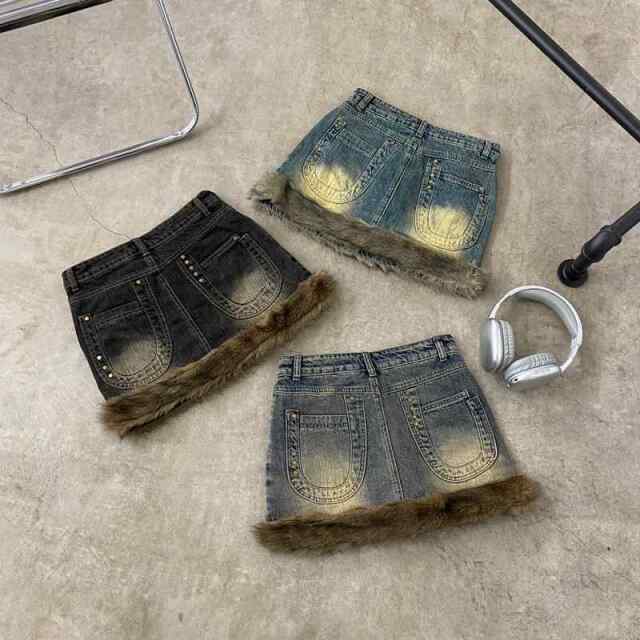 デニムファー切替デニムミニスカート