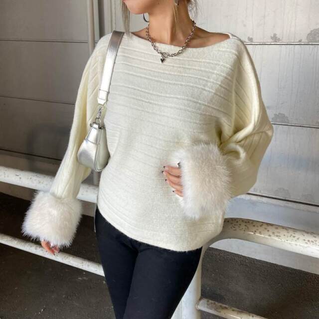 袖ファーニットプルオーバー