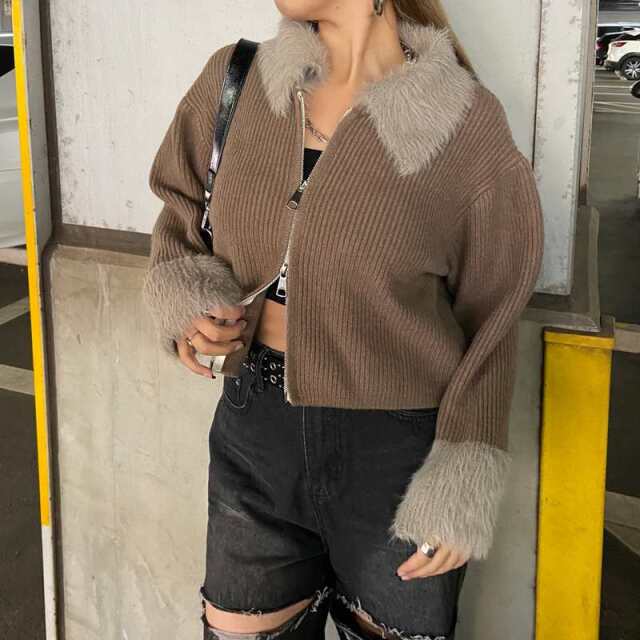 襟袖シャギーWZIPトップス