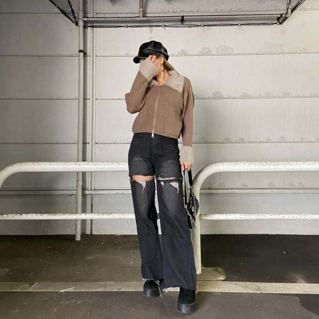 襟袖シャギーWZIPトップス