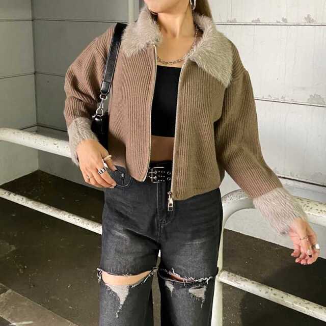 襟袖シャギーWZIPトップス