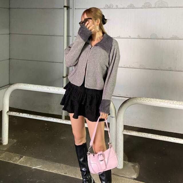 襟袖シャギーWZIPトップス