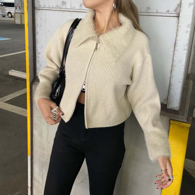 襟袖シャギーWZIPトップス