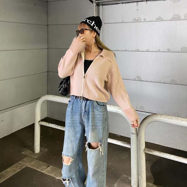 襟袖シャギーWZIPトップス