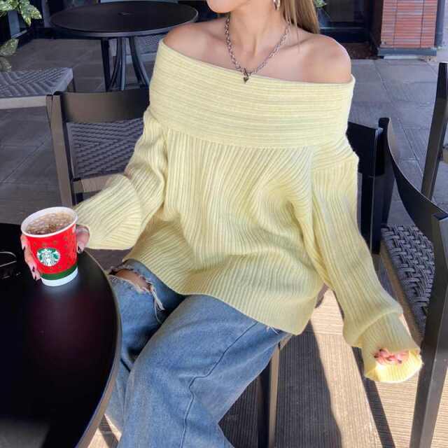 リブニットオフショルプルオーバー