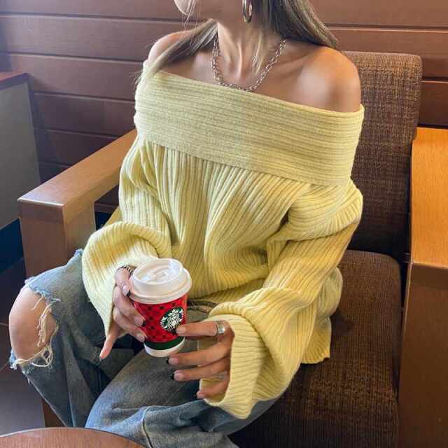 リブニットオフショルプルオーバー