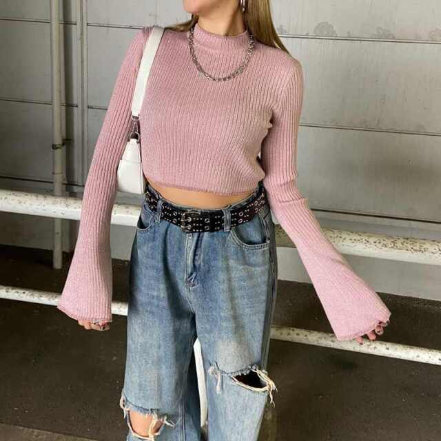 ラメ袖フレアニットトップス