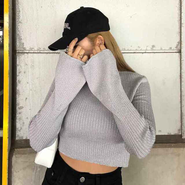 ラメ袖フレアニットトップス