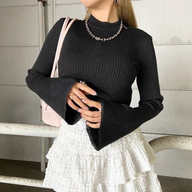 ラメ袖フレアニットトップス