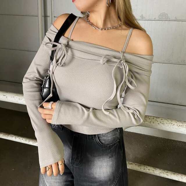 リブオフショルダートップス