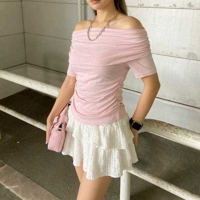 オフショルダーサイドドロストTシャツ