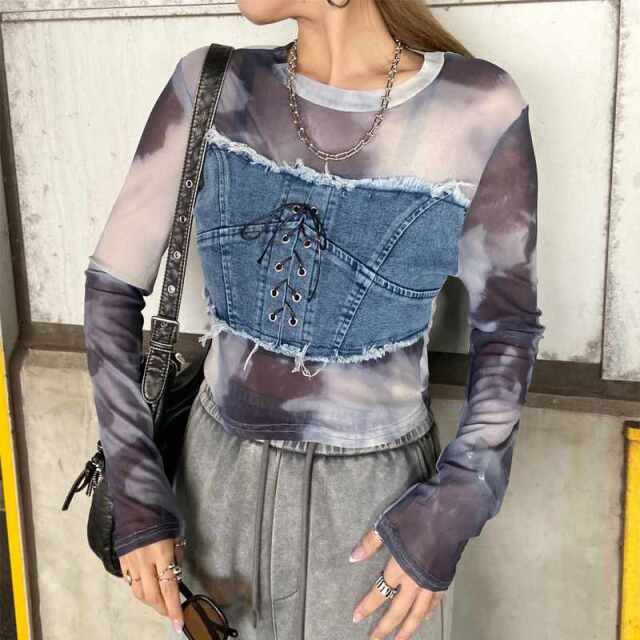 デニムスピンドルベアシアー切替トップス