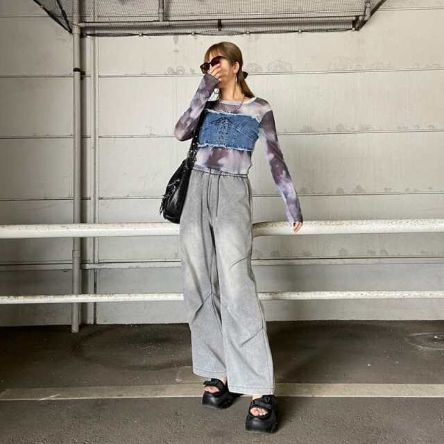 デニムスピンドルベアシアー切替トップス