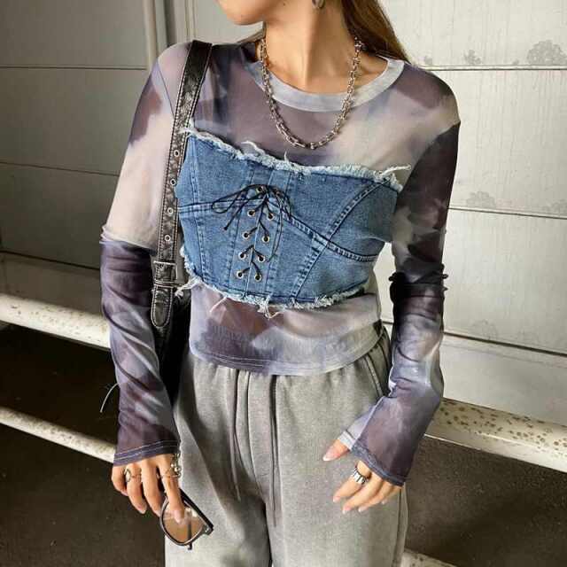 デニムスピンドルベアシアー切替トップス