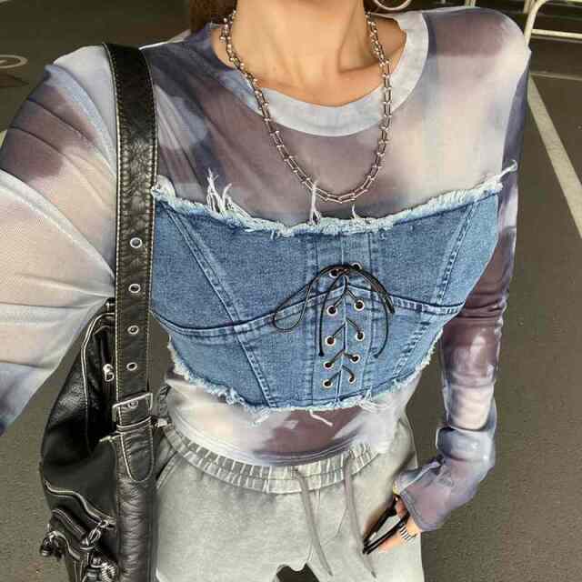 デニムスピンドルベアシアー切替トップス