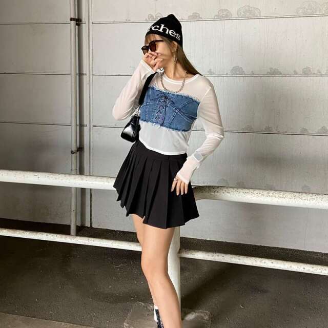 デニムスピンドルベアシアー切替トップス