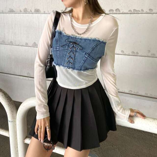 デニムスピンドルベアシアー切替トップス
