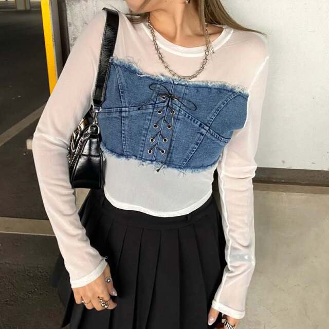 デニムスピンドルベアシアー切替トップス