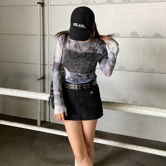 デニムスピンドルベアシアー切替トップス