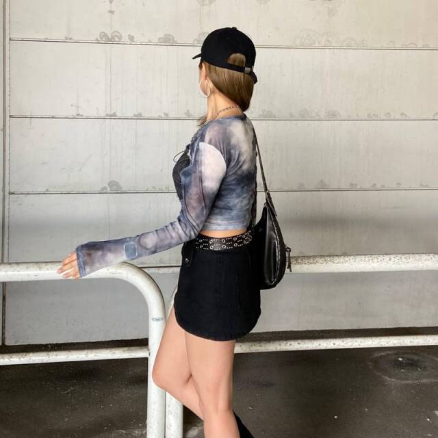 デニムスピンドルベアシアー切替トップス