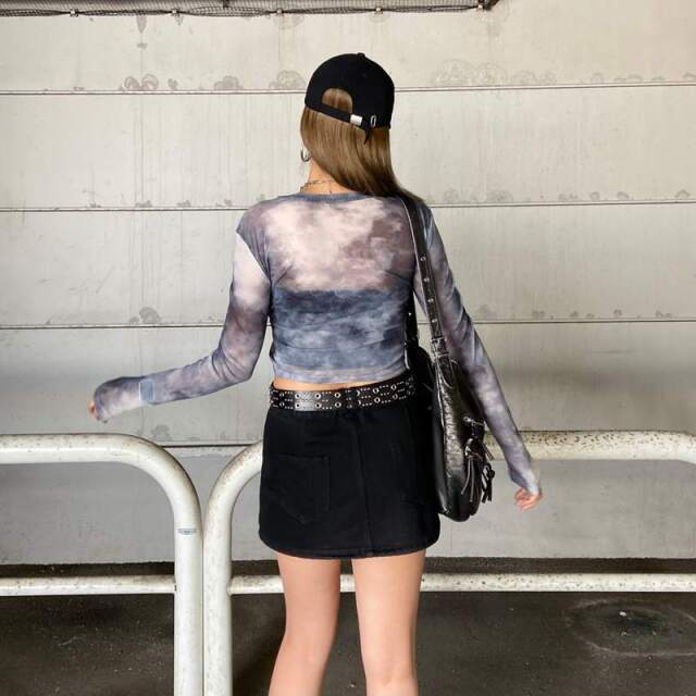 デニムスピンドルベアシアー切替トップス