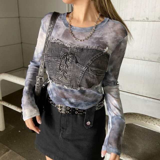 デニムスピンドルベアシアー切替トップス