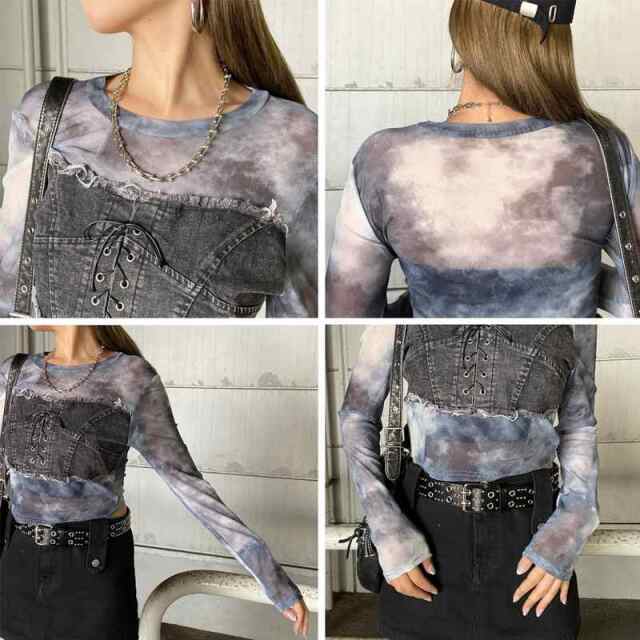 デニムスピンドルベアシアー切替トップス