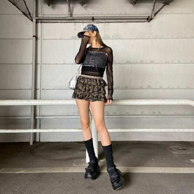 デニムスピンドルベアシアー切替トップス