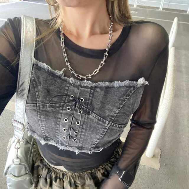 デニムスピンドルベアシアー切替トップス