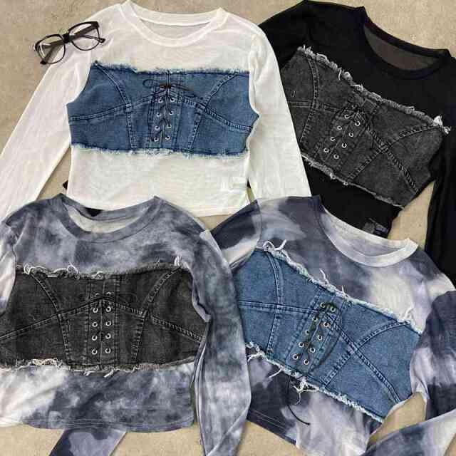 デニムスピンドルベアシアー切替トップス