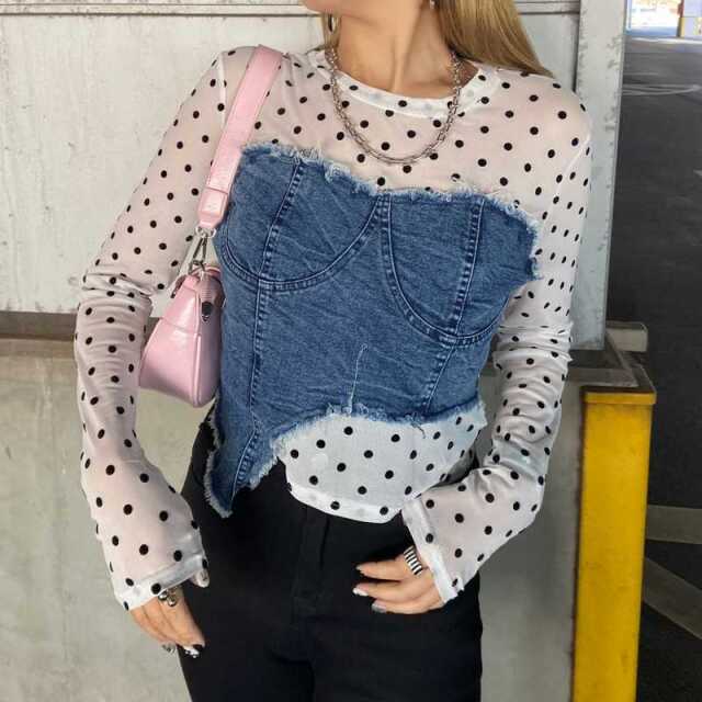 デニムベアイレギュラーヘムシアー切替トップス