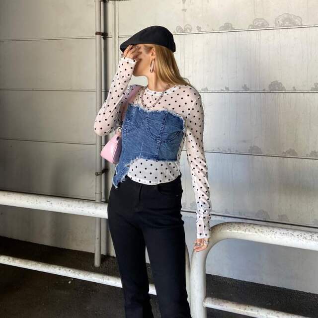 デニムベアイレギュラーヘムシアー切替トップス