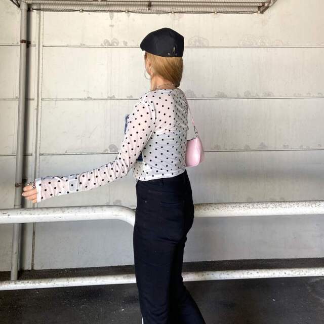 デニムベアイレギュラーヘムシアー切替トップス