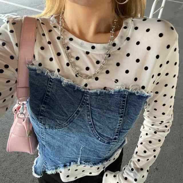 デニムベアイレギュラーヘムシアー切替トップス